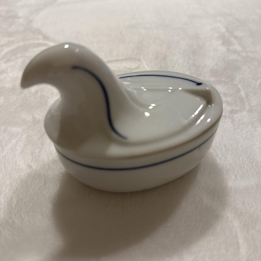 Vintage Dansk Flora Swan Trinket Box White Porcelain Blue Trim Japan